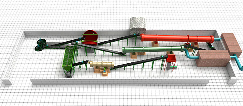 3D organic fertilizer production-line layout with connected granulation, drying, screening and conveying equipment